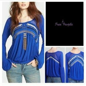 NWT Free People Bell Sleeve Embroidered Top Blue